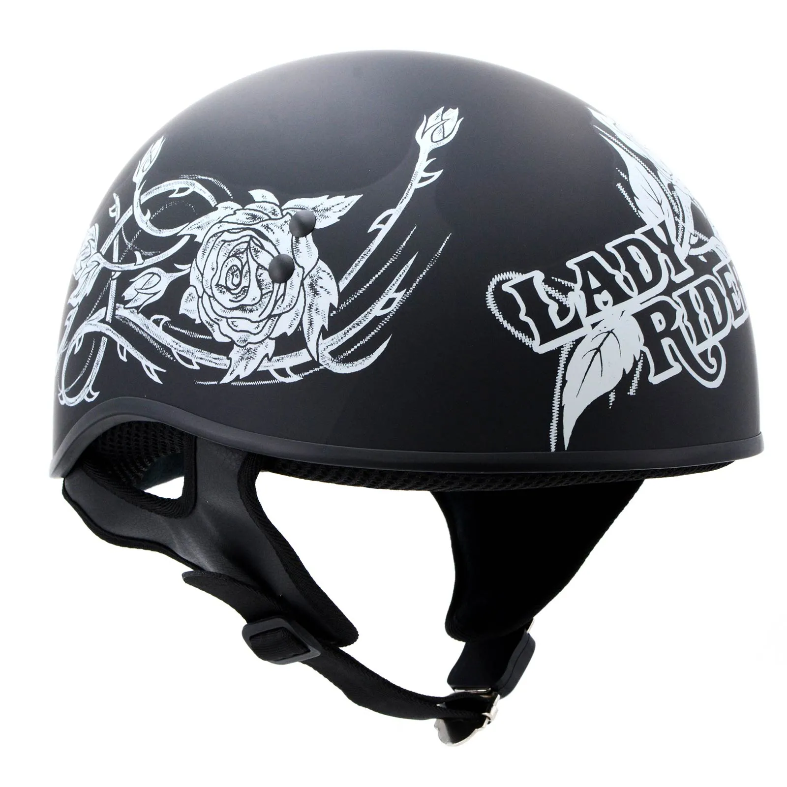 Hot Leathers HLD1021 'Lady Rider' Flat Black Motorcycle DOT Approved Skull Cap Half Biker Helmet