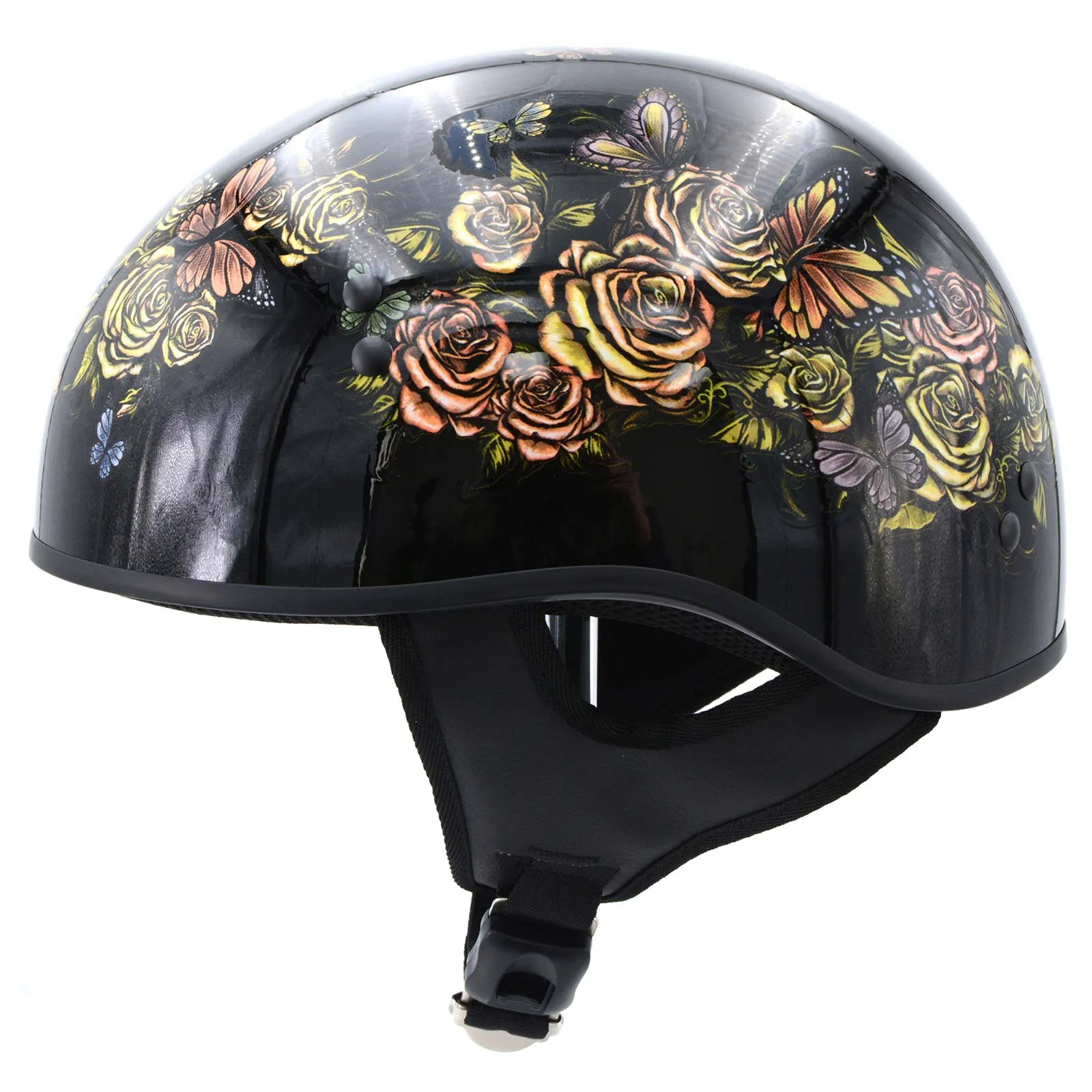 Hot Leathers HLD1034 'Butterfly Lock' Gloss Black Motorcycle DOT Approved Skull Cap Half Biker Helmet