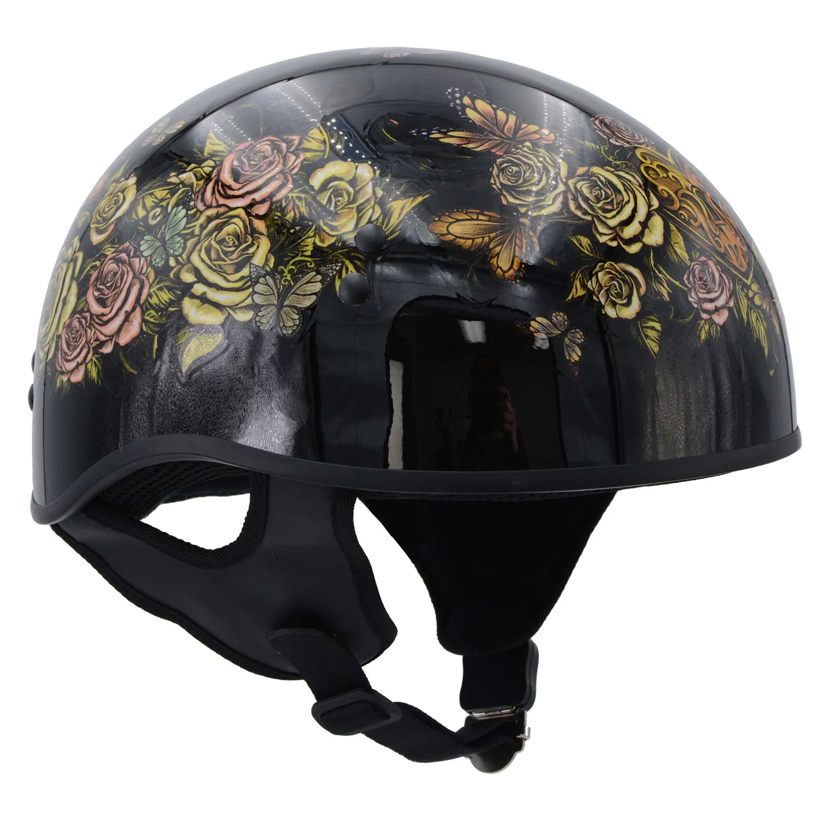 Hot Leathers HLD1034 'Butterfly Lock' Gloss Black Motorcycle DOT Approved Skull Cap Half Biker Helmet