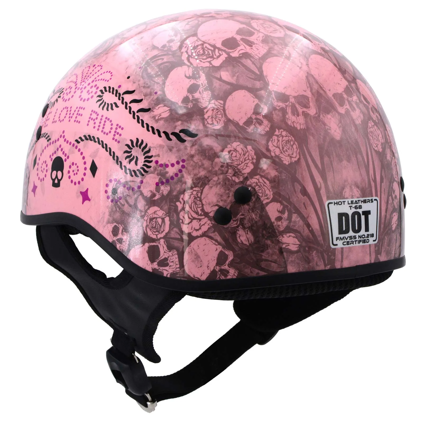 Hot Leathers HLD1048 'Live, Love Ride' Gloss Pink Motorcycle DOT Approved Skull Cap Half Biker Helmet