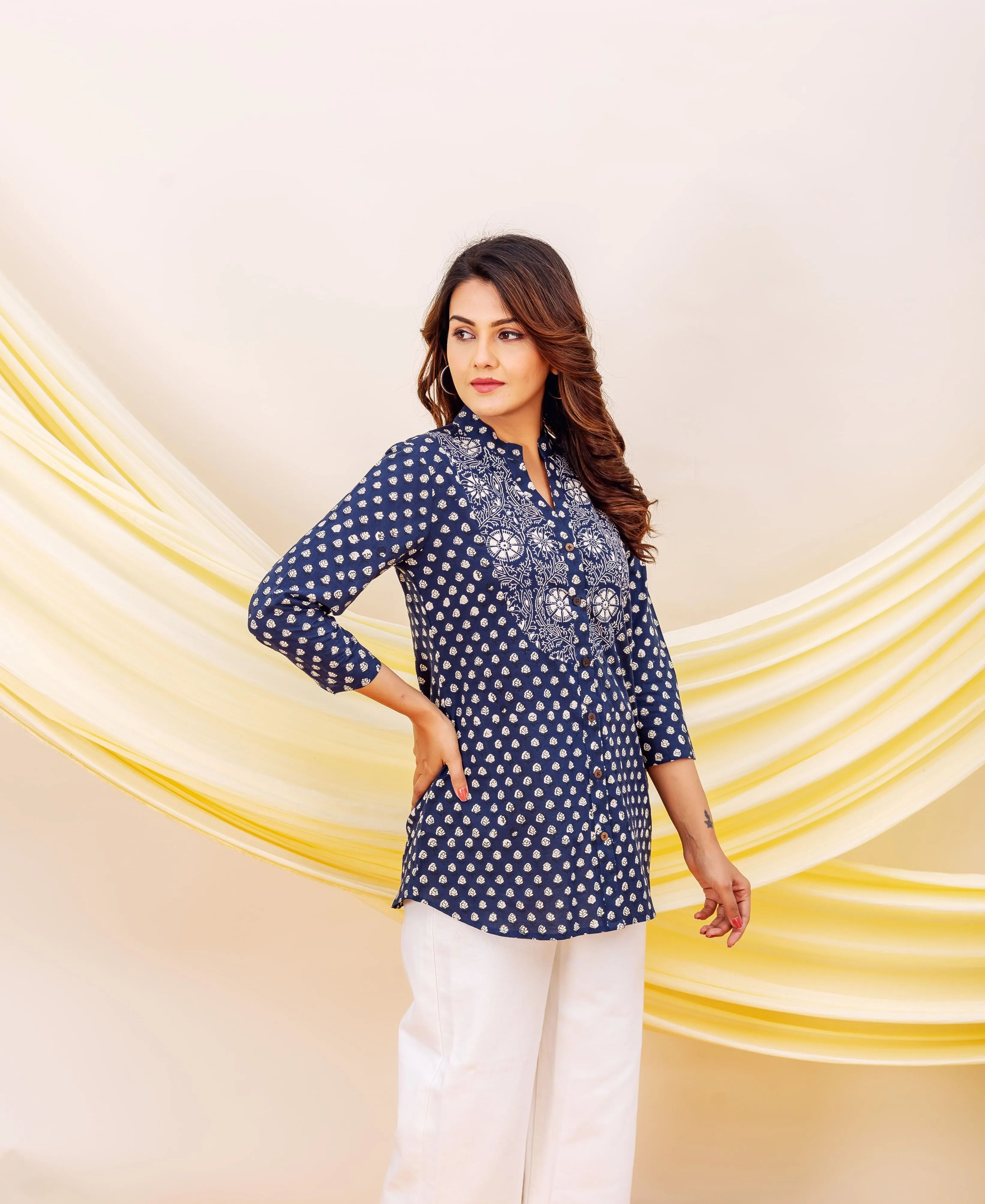 Indigo Booti Printed Cotton Top