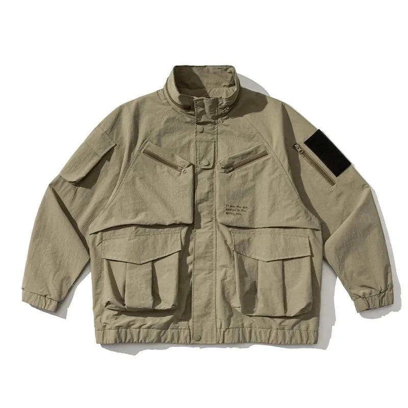 Japanese Streetwear Cargo Jacket with Multi-Pocket Design and Stand-Up Collar