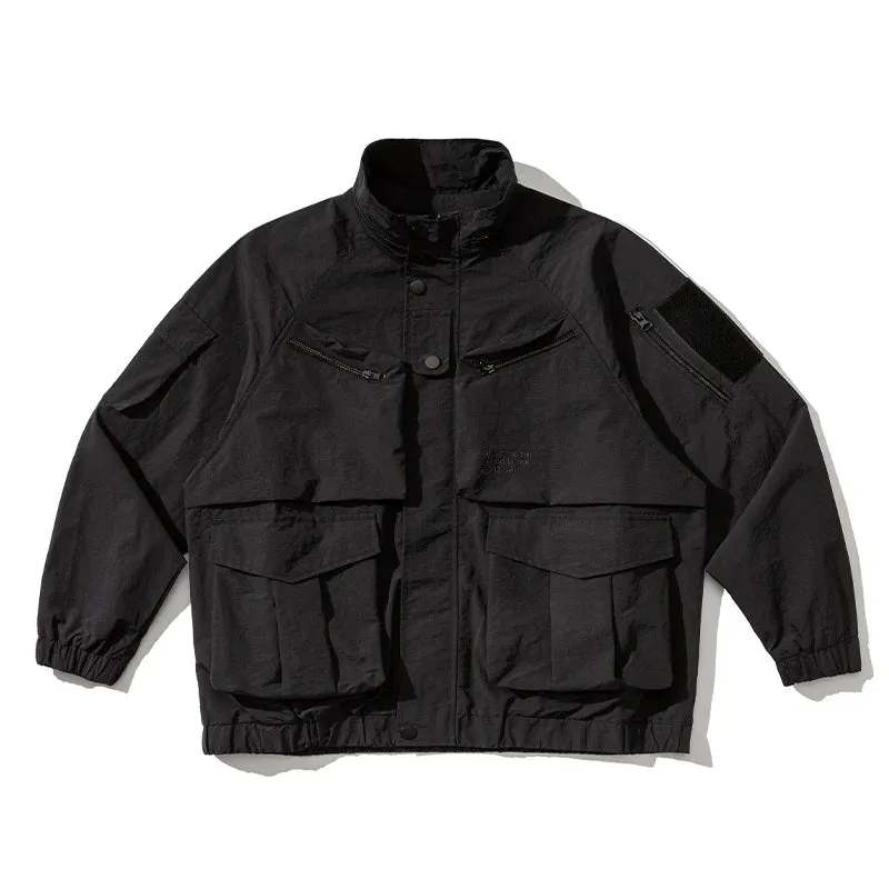 Japanese Streetwear Cargo Jacket with Multi-Pocket Design and Stand-Up Collar