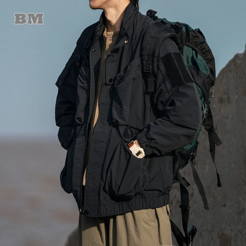 Japanese Streetwear Cargo Jacket with Multi-Pocket Design and Stand-Up Collar