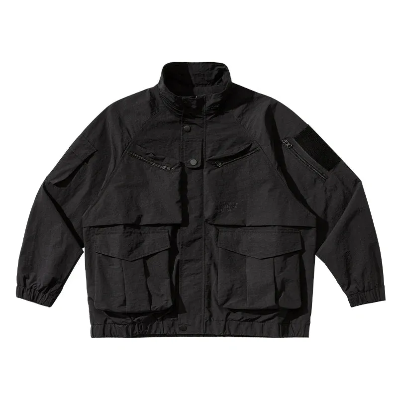 Japanese Streetwear Cargo Jacket with Multi-Pocket Design and Stand-Up Collar