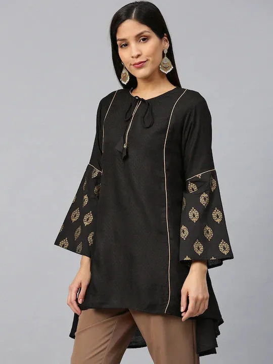 Jashvi Black Self-Design A-Line High-Low Tunic