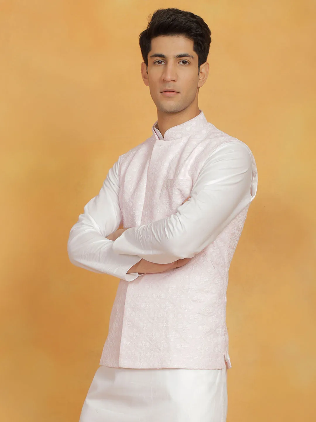 Jashvi Men's Pink Cotton Nehru Jacket