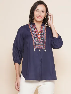 Jashvi Navy Blue High Low Embroidered Tunic