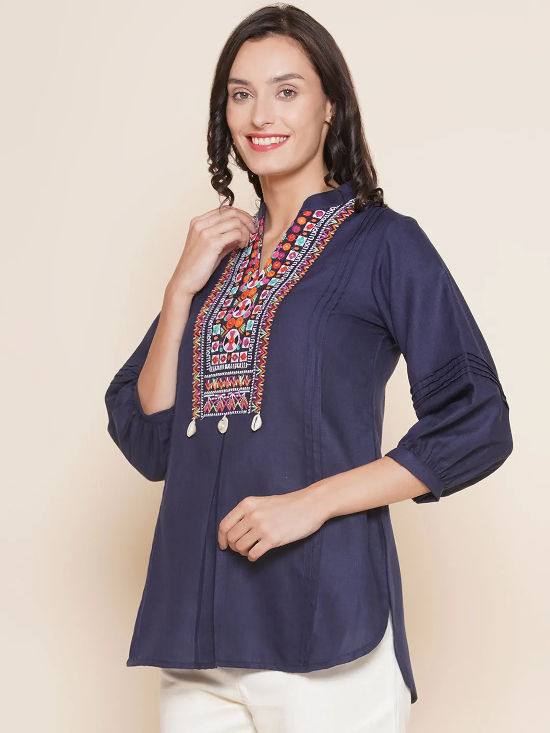 Jashvi Navy Blue High Low Embroidered Tunic