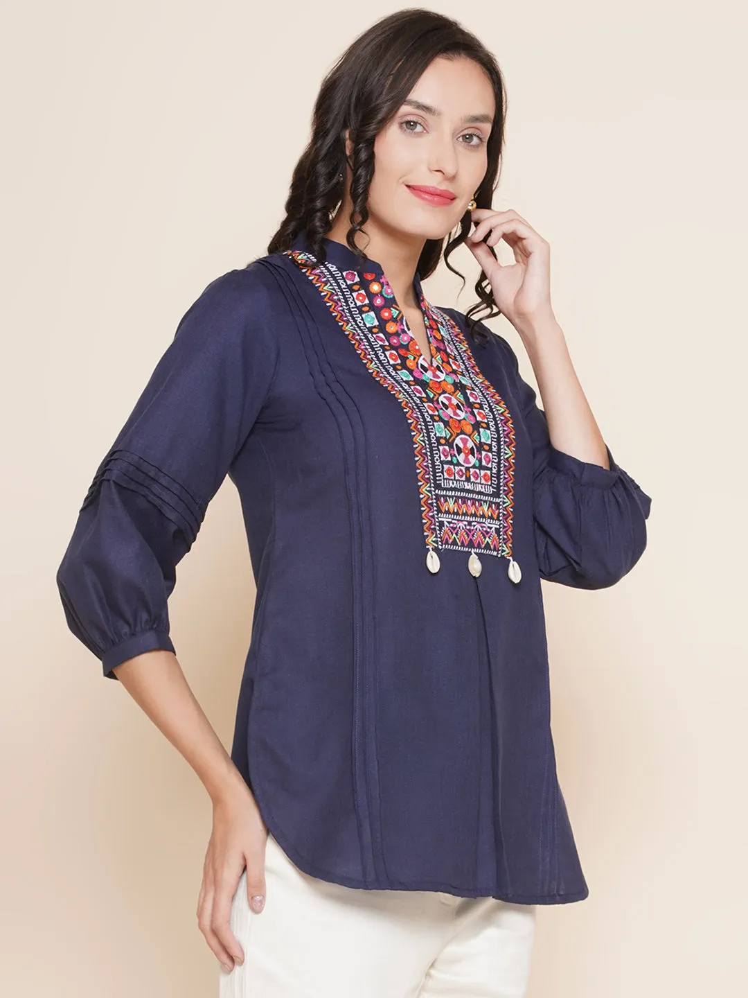 Jashvi Navy Blue High Low Embroidered Tunic