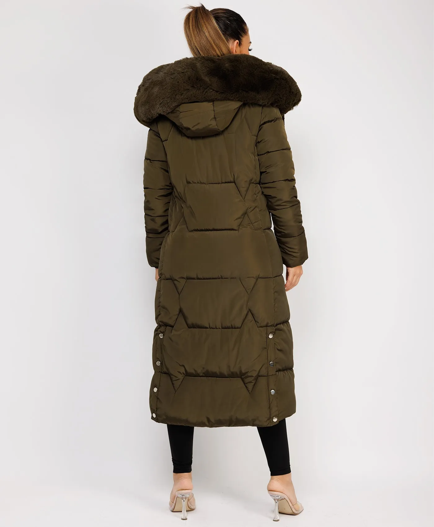 Khaki Long Padded Puffer Winter Trench Coat Jacket With Faux Fur Hood