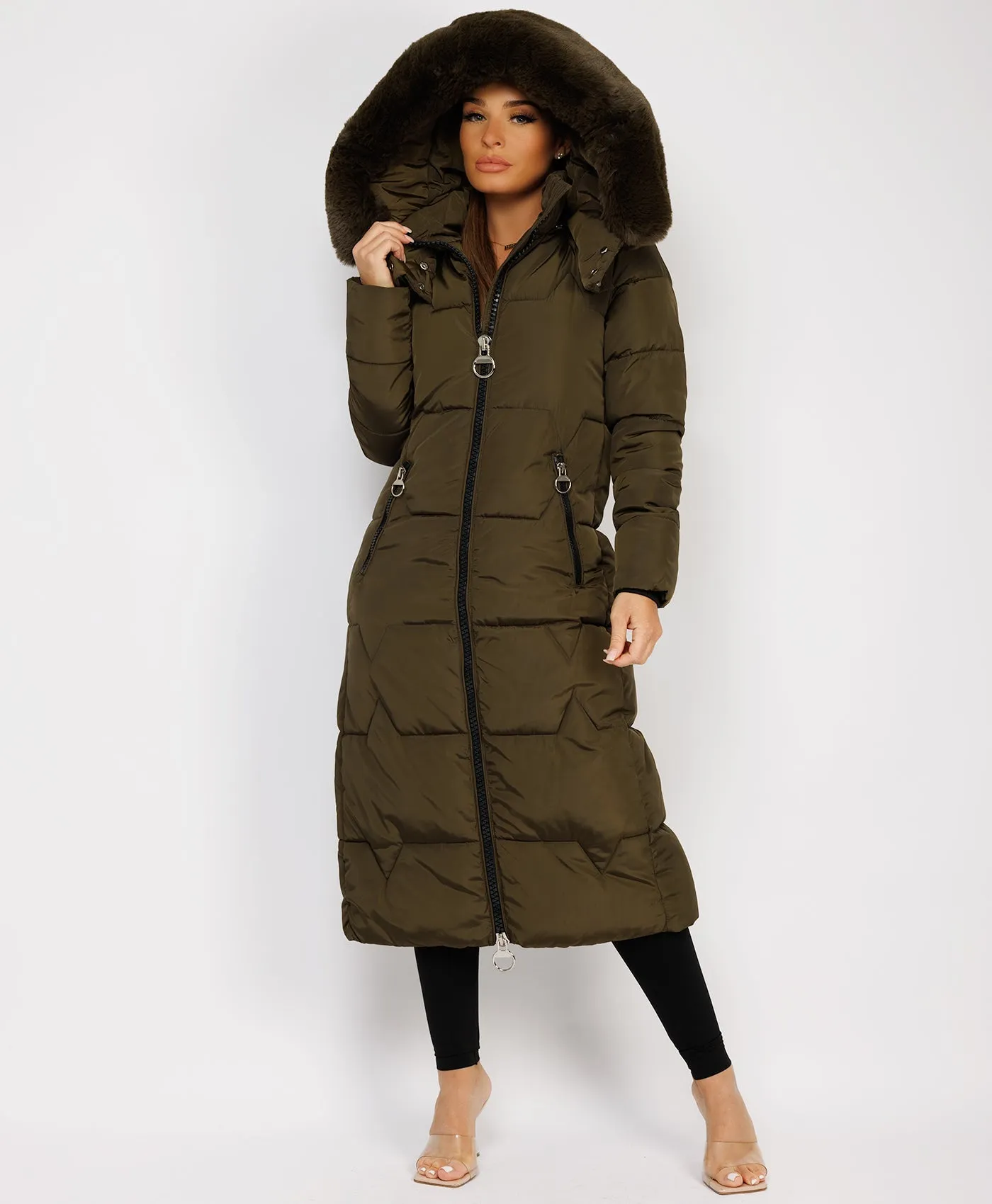 Khaki Long Padded Puffer Winter Trench Coat Jacket With Faux Fur Hood