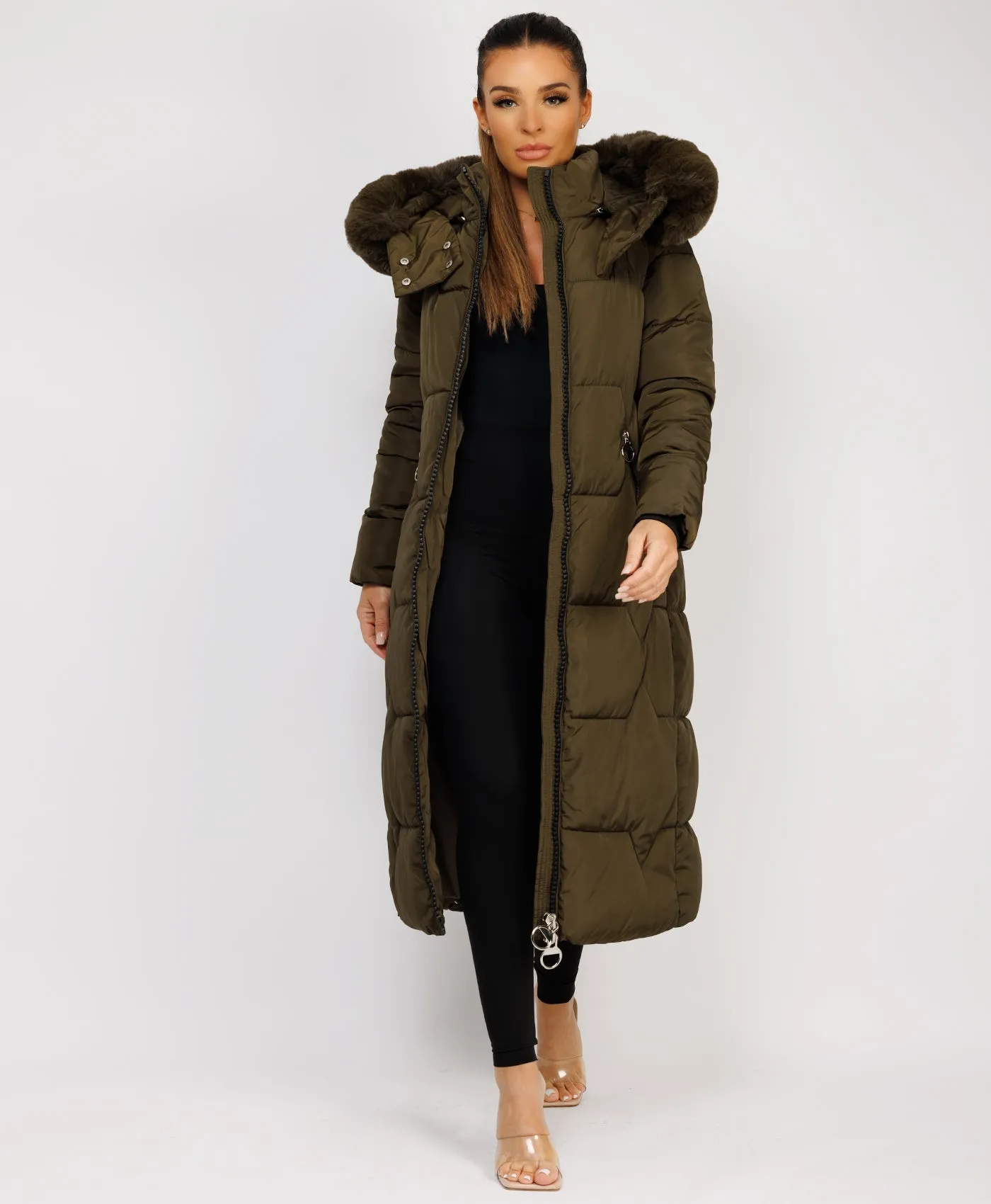 Khaki Long Padded Puffer Winter Trench Coat Jacket With Faux Fur Hood