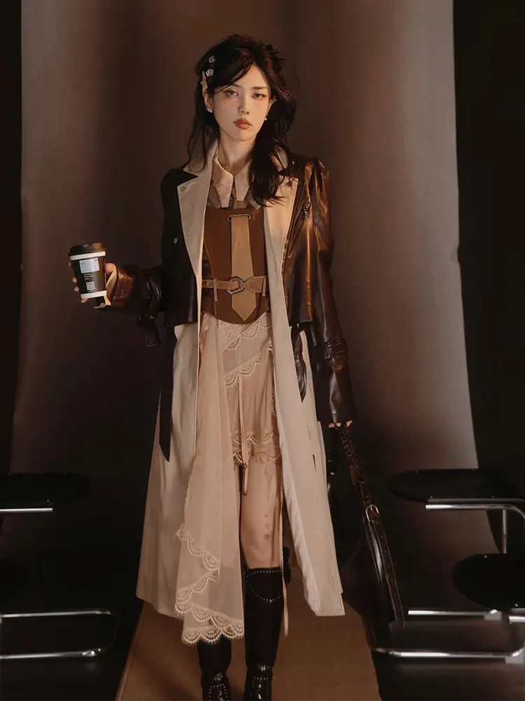 Leather-Jacket＆Trench-Coat Layered Nichi Classy Set-Up【s0000004017】