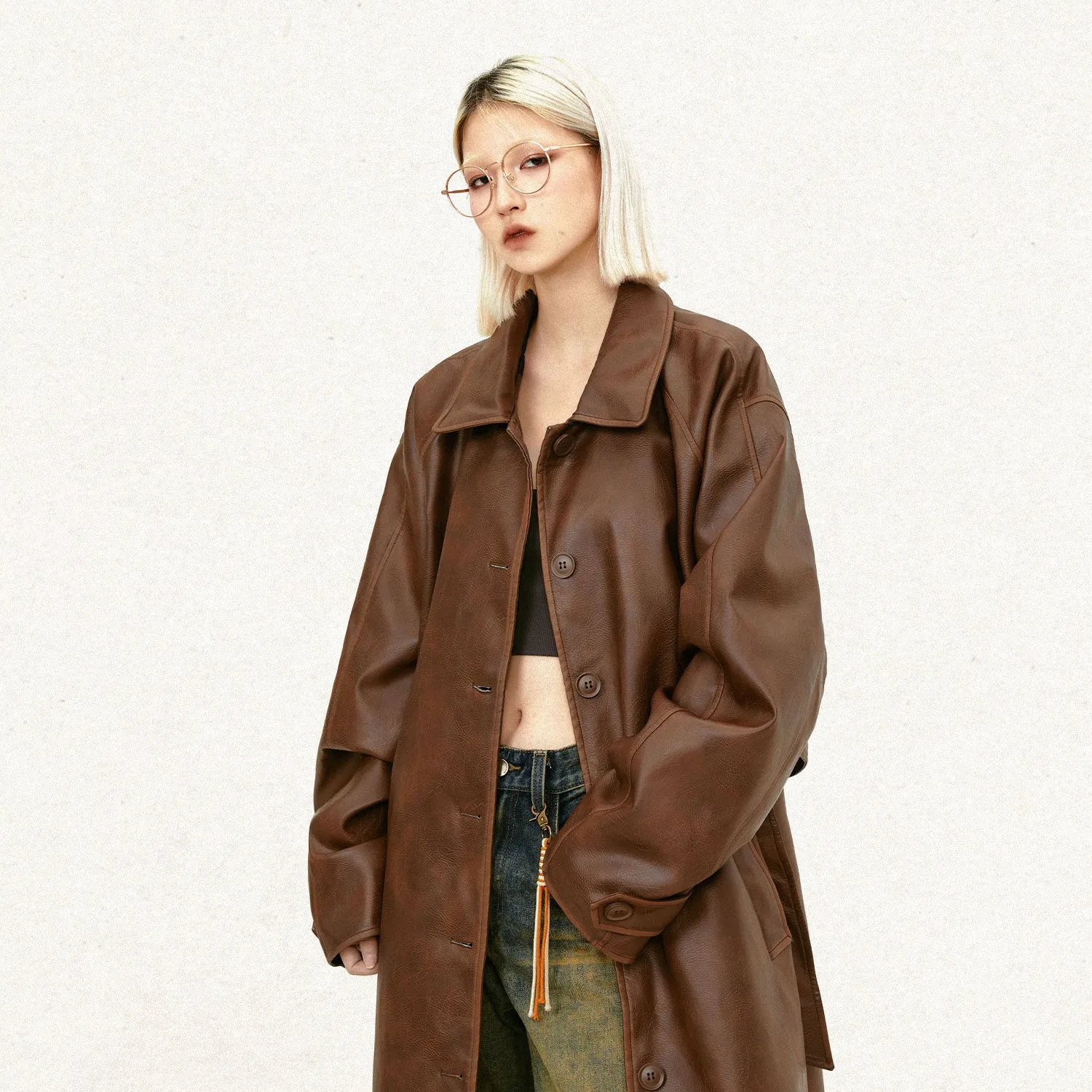 Leather Mid-length Trench Coat Men And Women