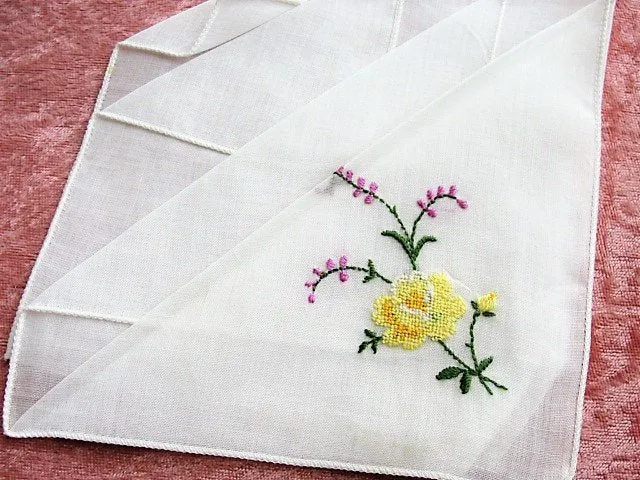 LOVELY VINTAGE HANKIE,Handkerchief,Delicate,Dainty Petit Point Yellow Roses Embroidered Purple Flowers Hanky,Something Old, Bridal Gifts