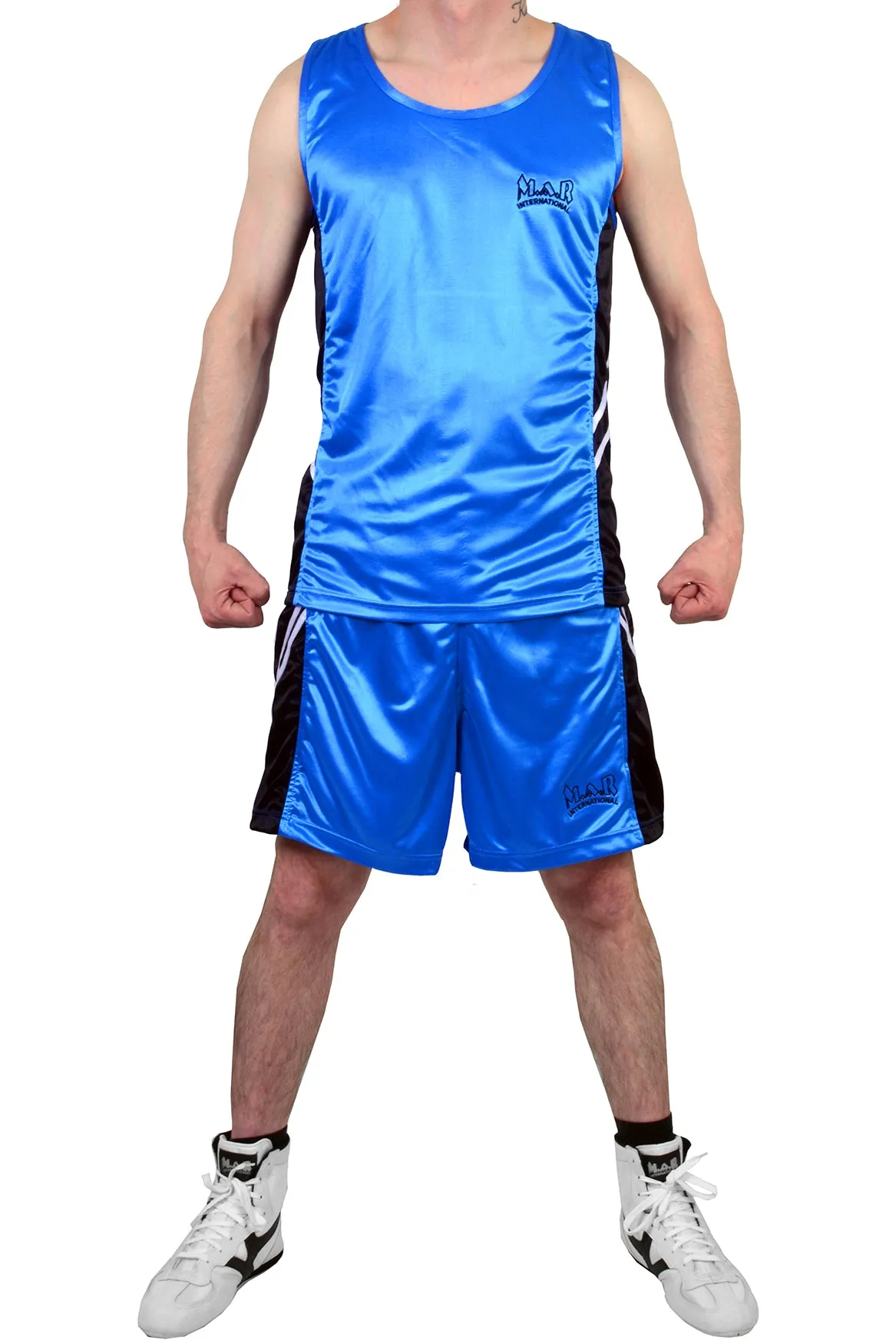 MAR-100A | Blue & Black Boxing Shorts & Vest w/ White Lines