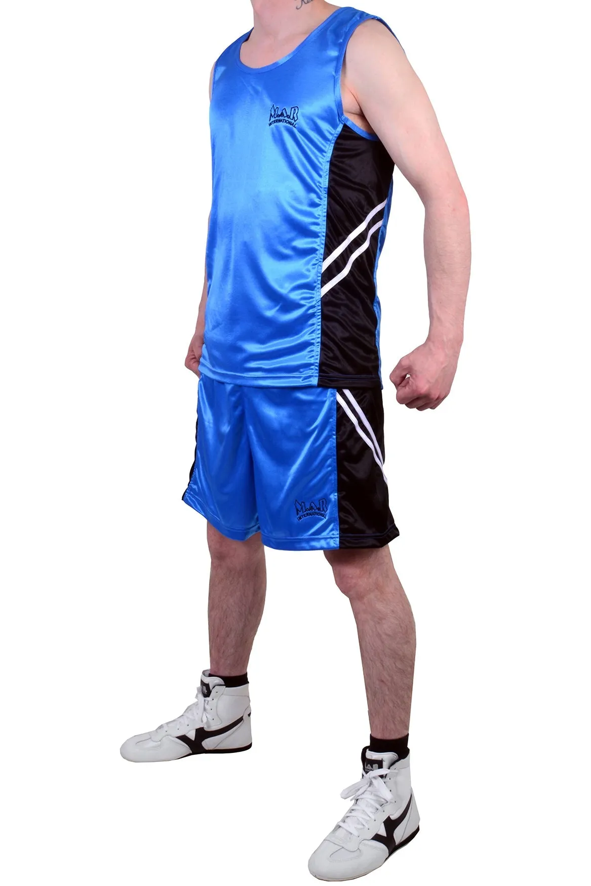 MAR-100A | Blue & Black Boxing Shorts & Vest w/ White Lines