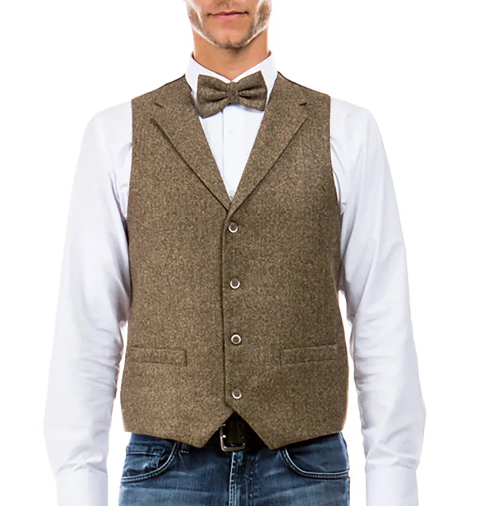 Men's Collared Tan Tweed Suit Vest