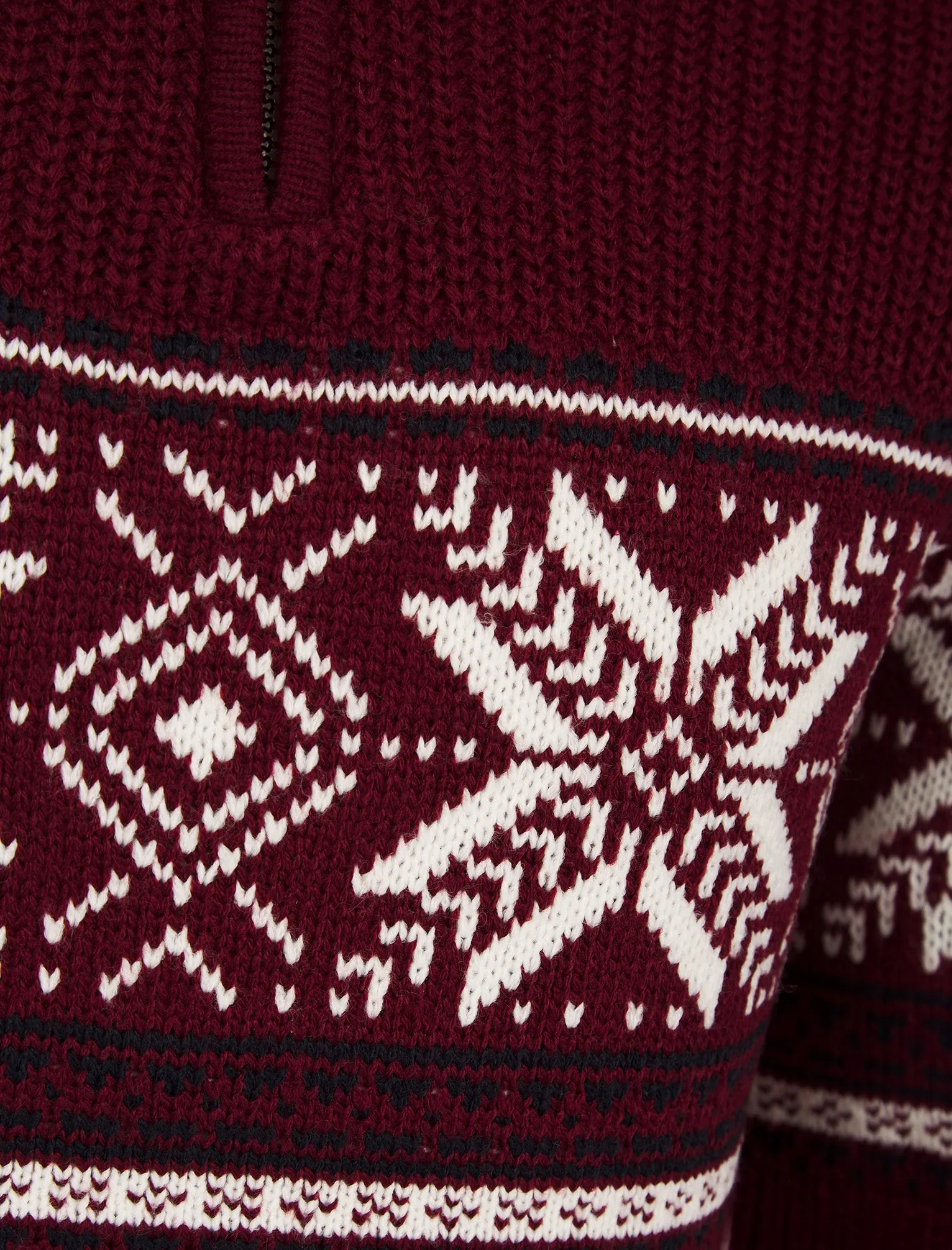 Men's Gacy Nordic Fair Isle Jacquard Knit Christmas Jumper with Quarter Zip Funnel Neck in Claret - Merry Christmas