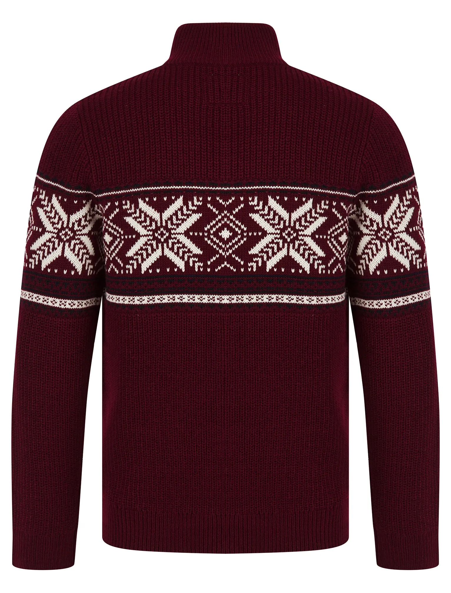 Men's Gacy Nordic Fair Isle Jacquard Knit Christmas Jumper with Quarter Zip Funnel Neck in Claret - Merry Christmas