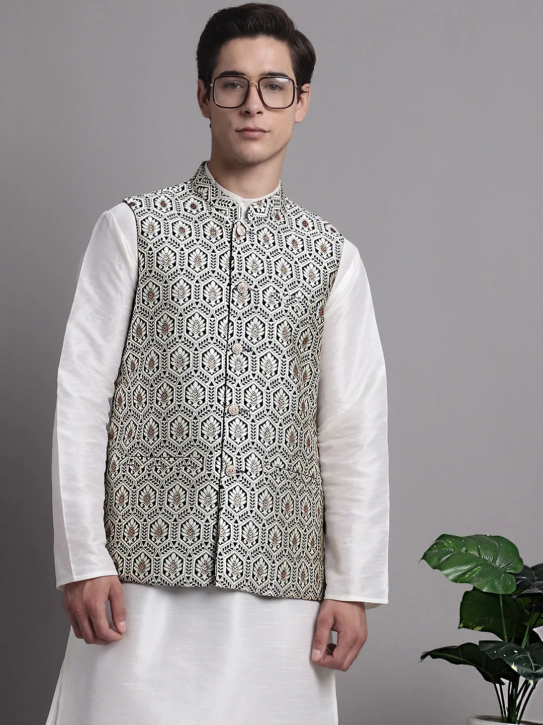 Men'S Navy Blue And Silver Woven Design Nehru Jacket