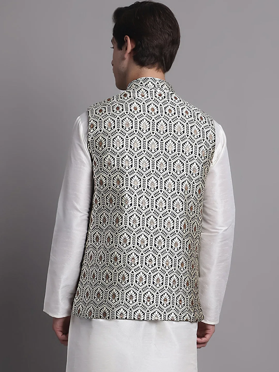 Men'S Navy Blue And Silver Woven Design Nehru Jacket