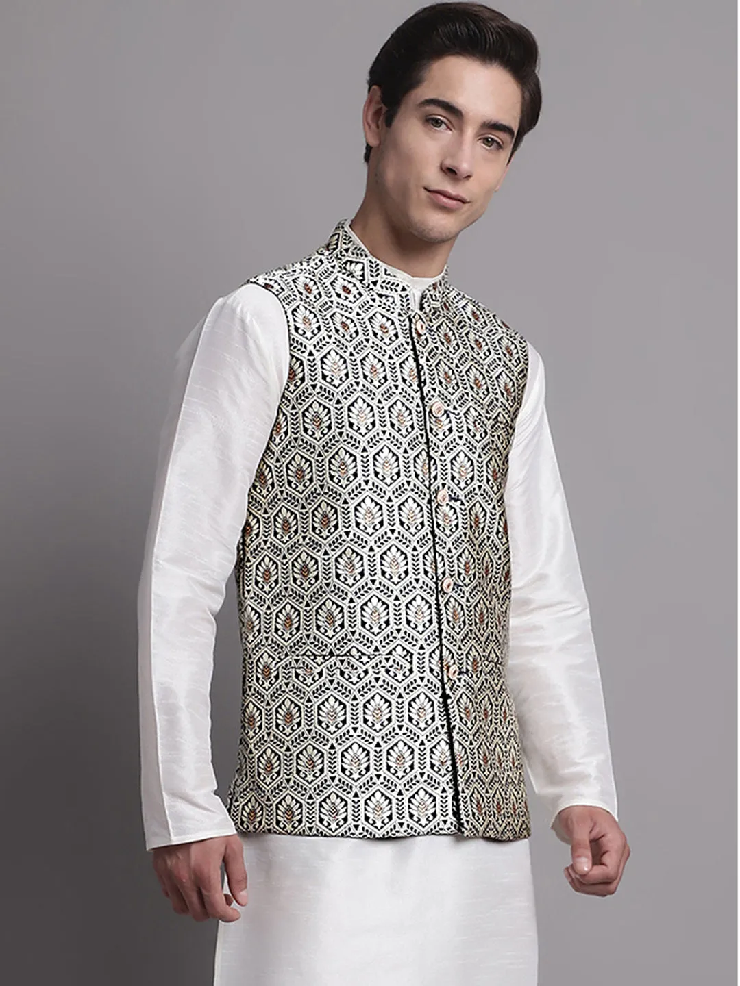 Men'S Navy Blue And Silver Woven Design Nehru Jacket