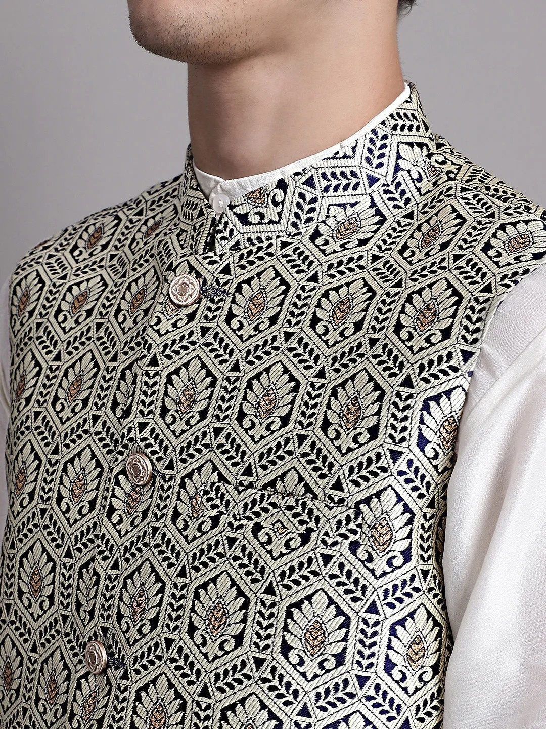 Men'S Navy Blue And Silver Woven Design Nehru Jacket