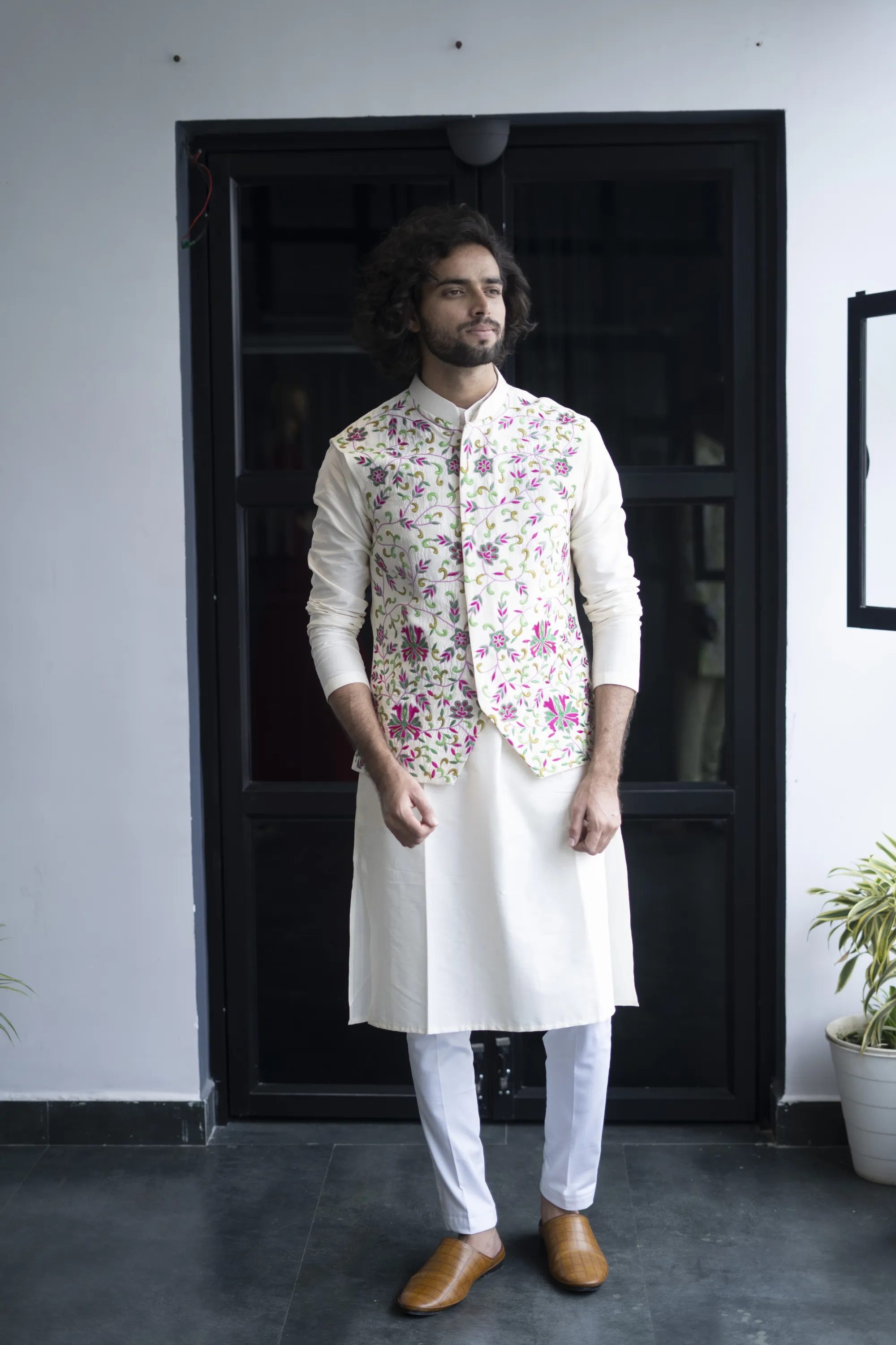 Men's Off White Color Jacket With Kurta Pant Set - Hilo Design