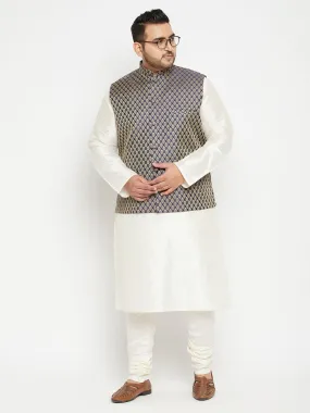 Men's Plus Cream, Blue And White Silk Blend Jacket Kurta Pyjama Set - Vastramay