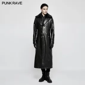 Military Uniform Long Leather Punk Coat With Warm Collar