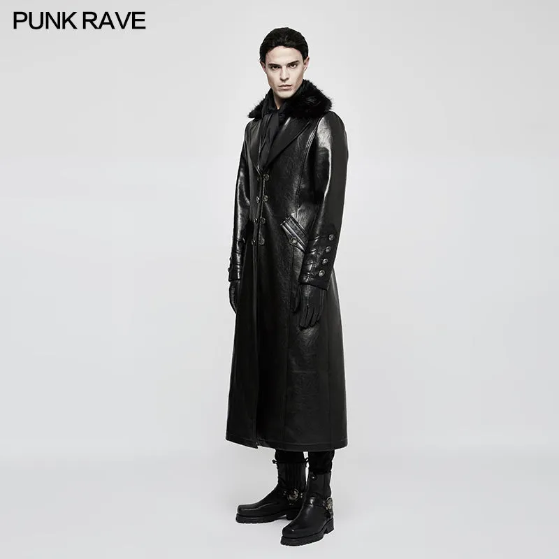 Military Uniform Long Leather Punk Coat With Warm Collar