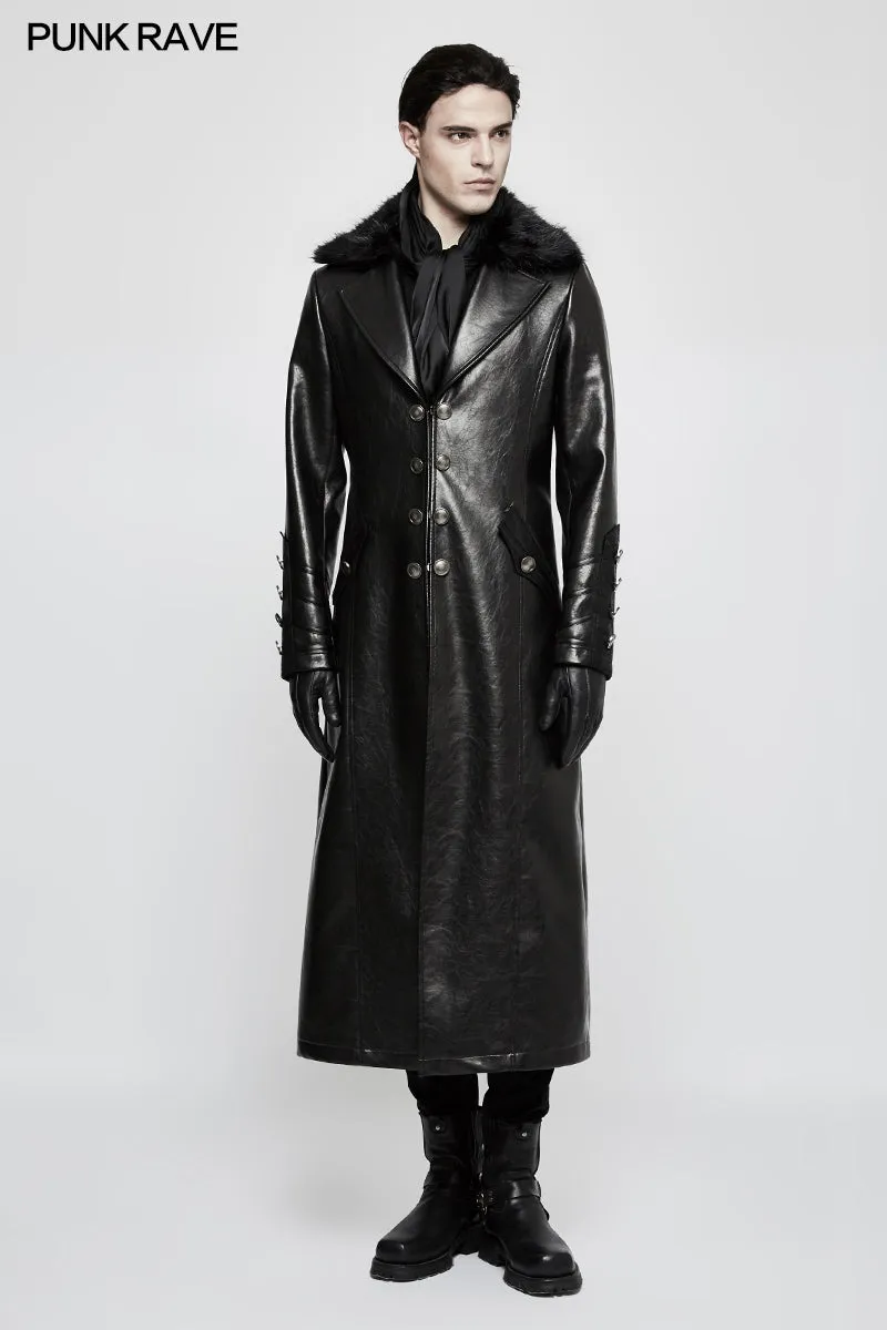 Military Uniform Long Leather Punk Coat With Warm Collar