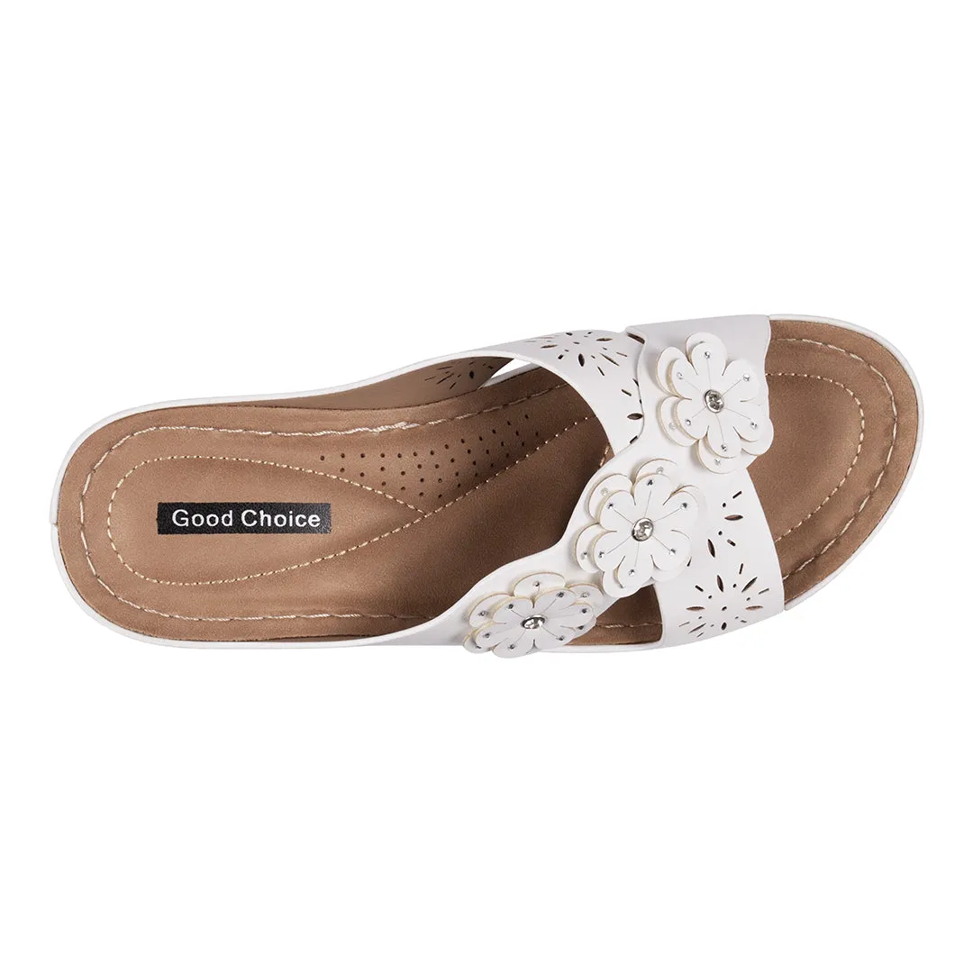 Miller White Cross Strap Floral Wedge Sandals