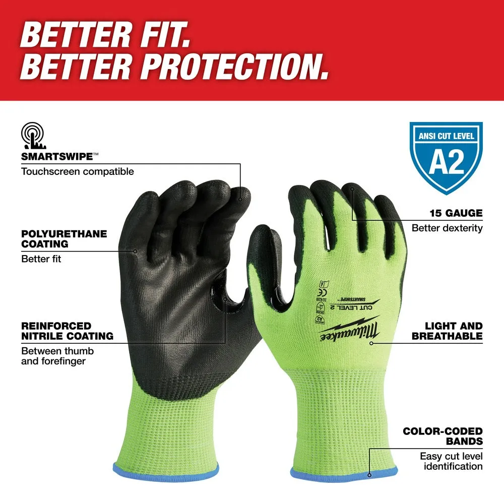 Milwaukee 48-73-8920 High Visibility Cut Level 2 Polyurethane Dipped Safety Gloves - Small