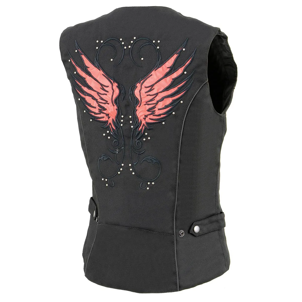 Milwaukee Leather SH1955 Ladies Black and Red Textile Vest with Wing Embroidery