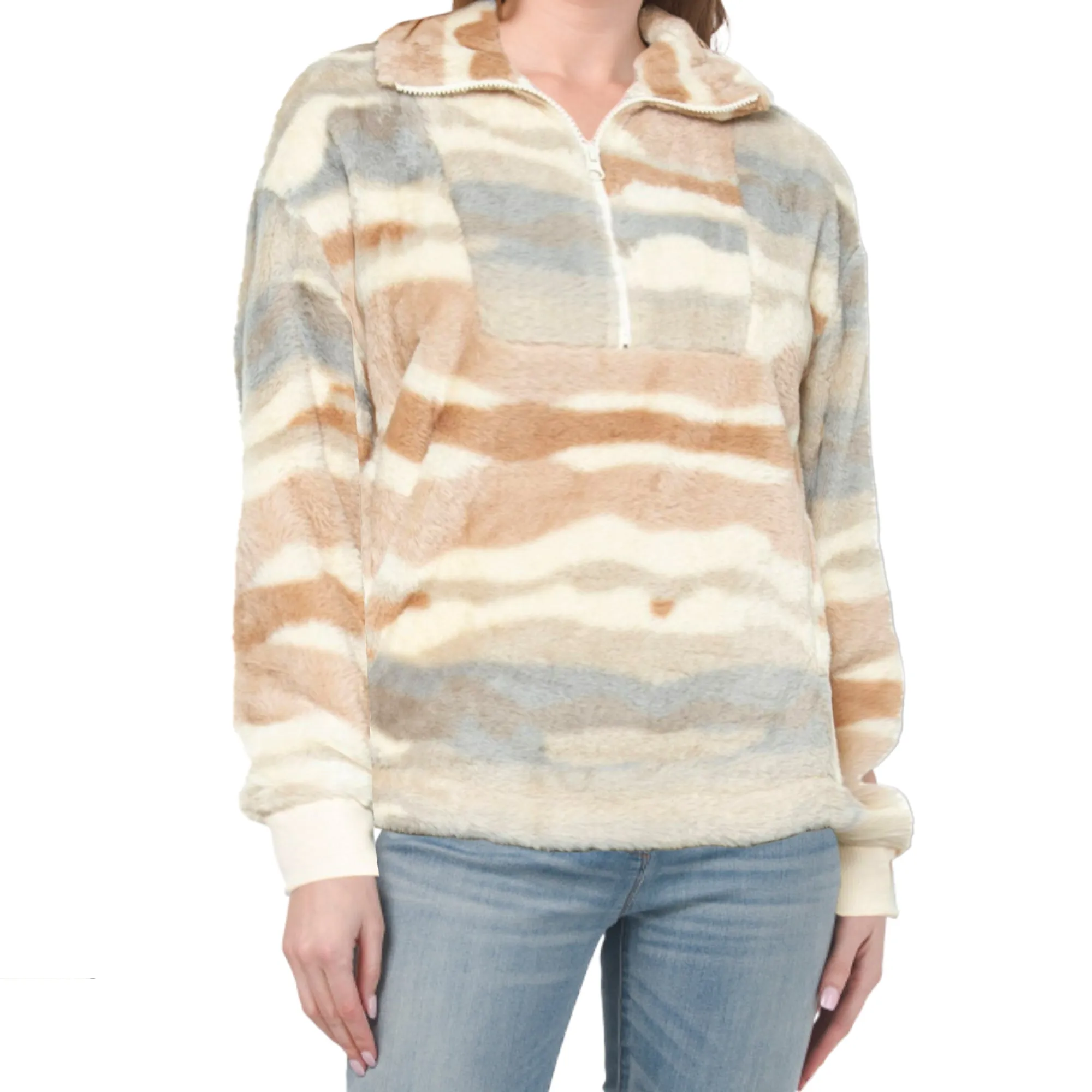 Mountain and Isles Women's Quarter Zip Neck Super Plush Printed Sherpa Fleece Sweatshirt Top