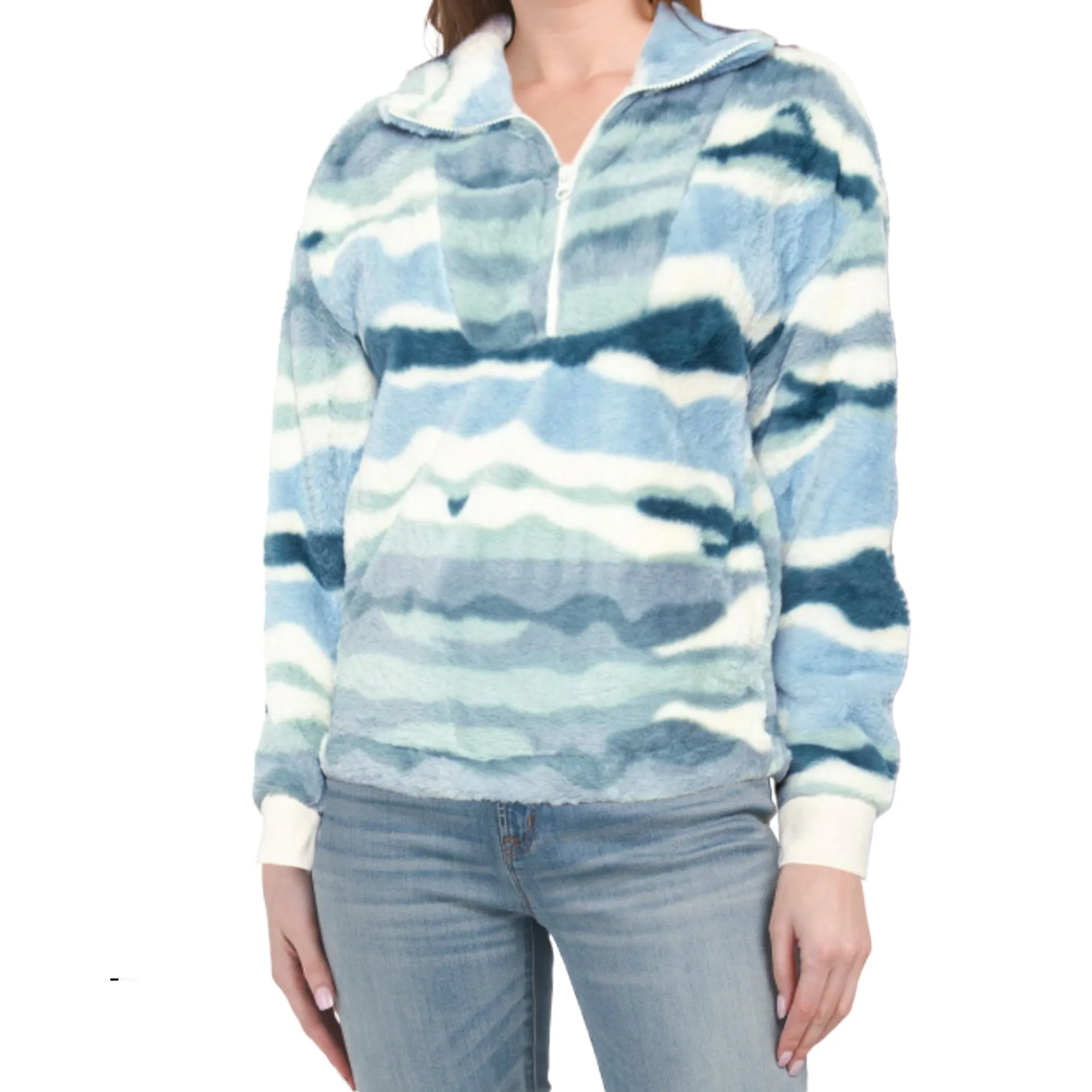 Mountain and Isles Women's Quarter Zip Neck Super Plush Printed Sherpa Fleece Sweatshirt Top