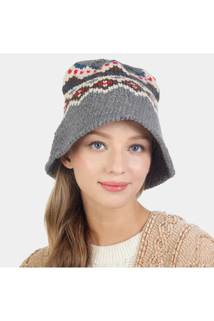 Nordic Pattern Knitted Bucket Hat