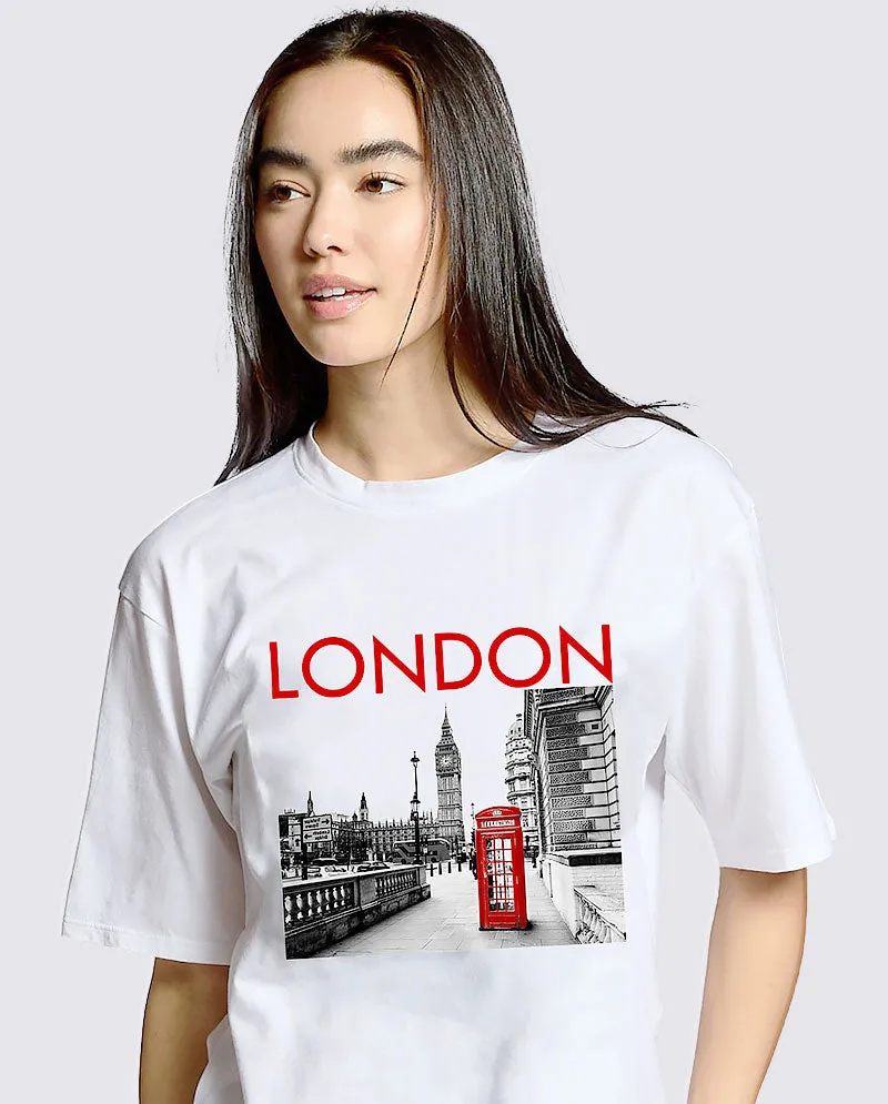 OG - Premium Quality 100% Cotton "LONDON" Graphic Boyfriend Tunic Tee Short Sleeve Crew Raw Edge