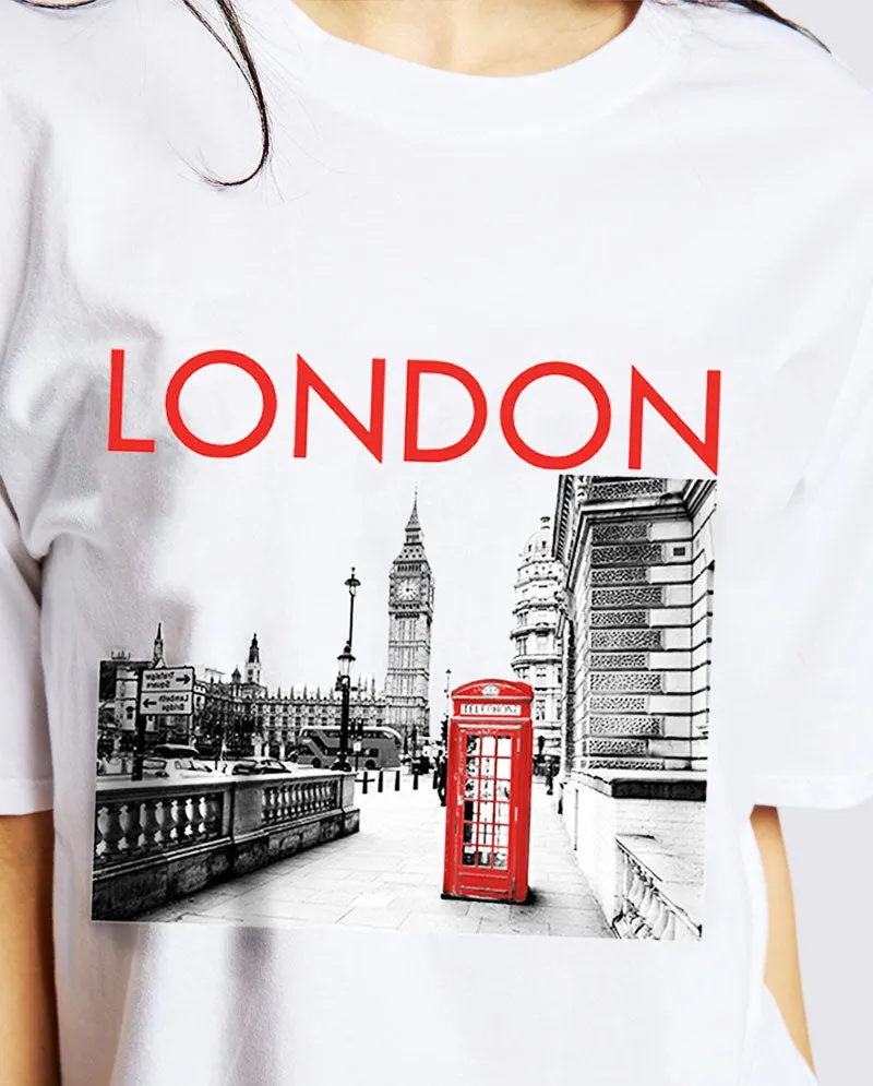 OG - Premium Quality 100% Cotton "LONDON" Graphic Boyfriend Tunic Tee Short Sleeve Crew Raw Edge