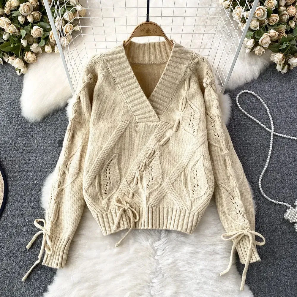 Oversize Handmade Rope V-neck Knitted  Womens Loose Knitwear Jumper