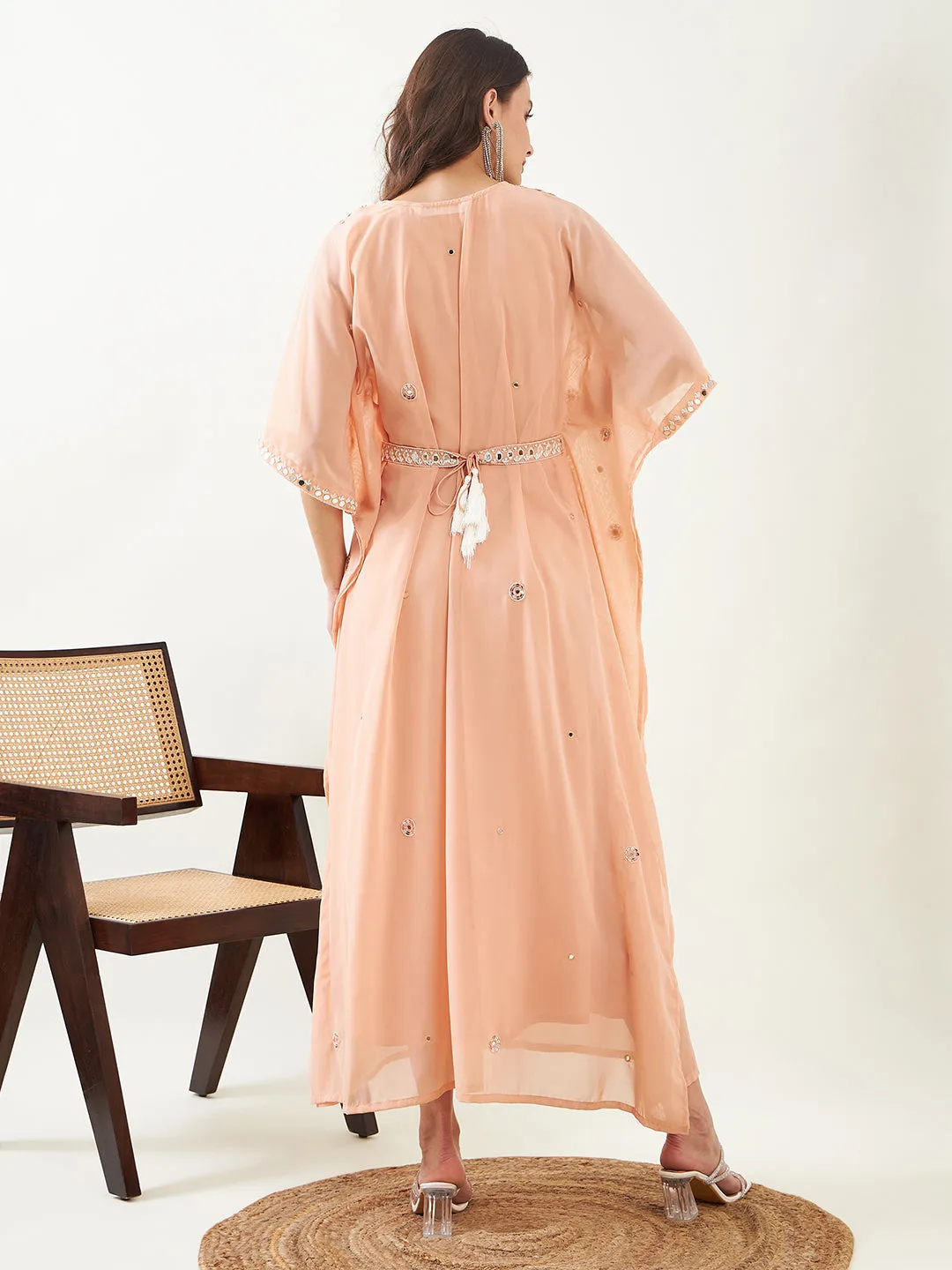 Peach Hand Embroidered Maxi Kaftan with Slip