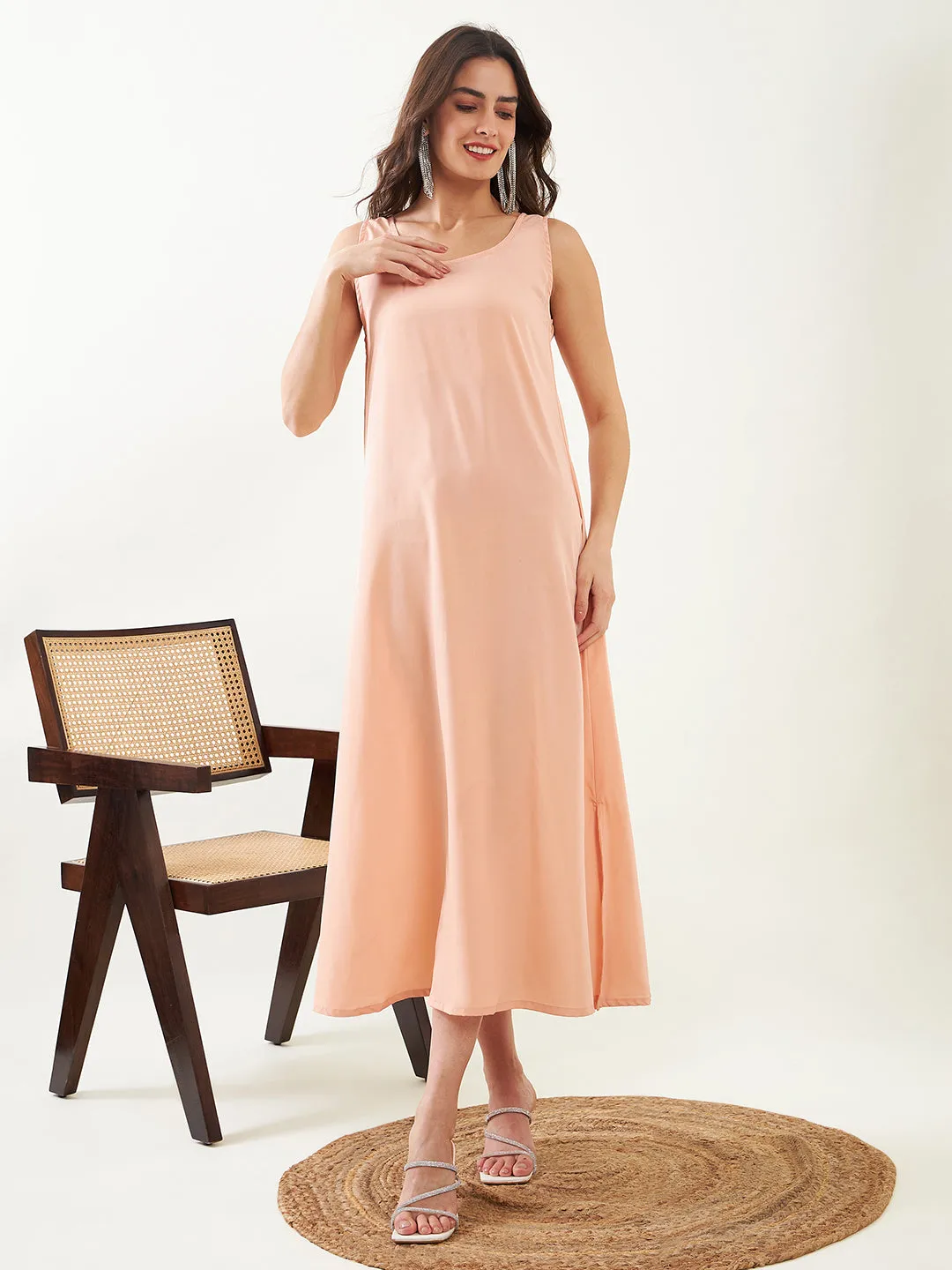 Peach Hand Embroidered Maxi Kaftan with Slip