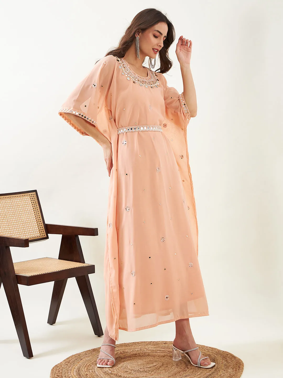 Peach Hand Embroidered Maxi Kaftan with Slip