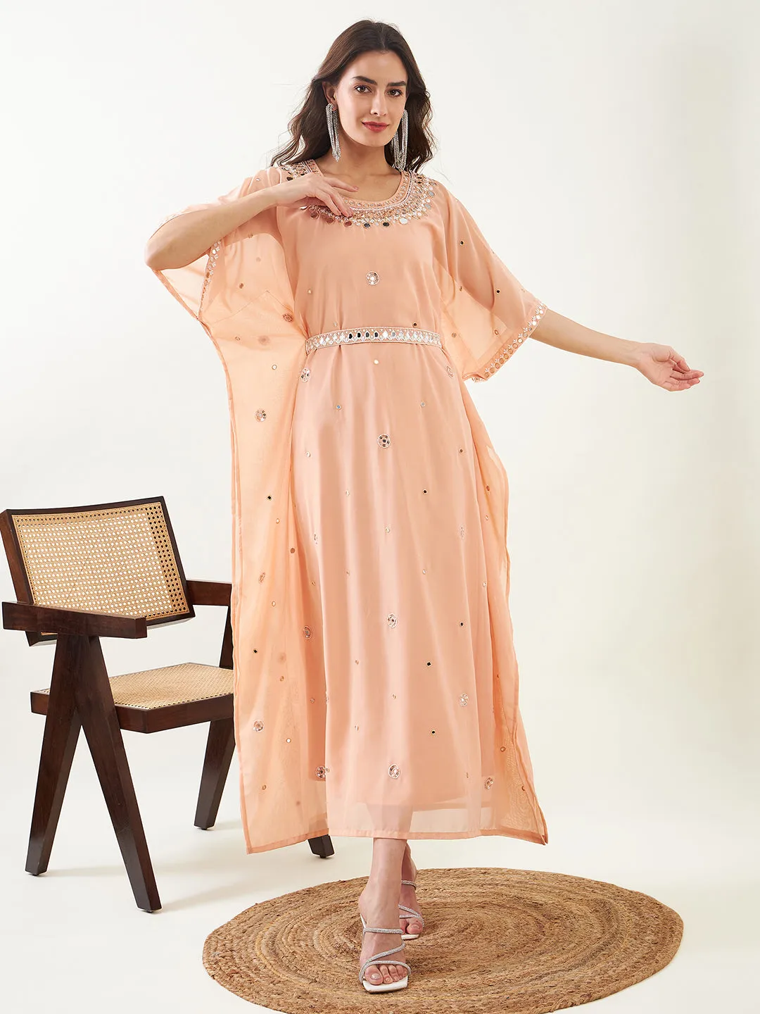 Peach Hand Embroidered Maxi Kaftan with Slip