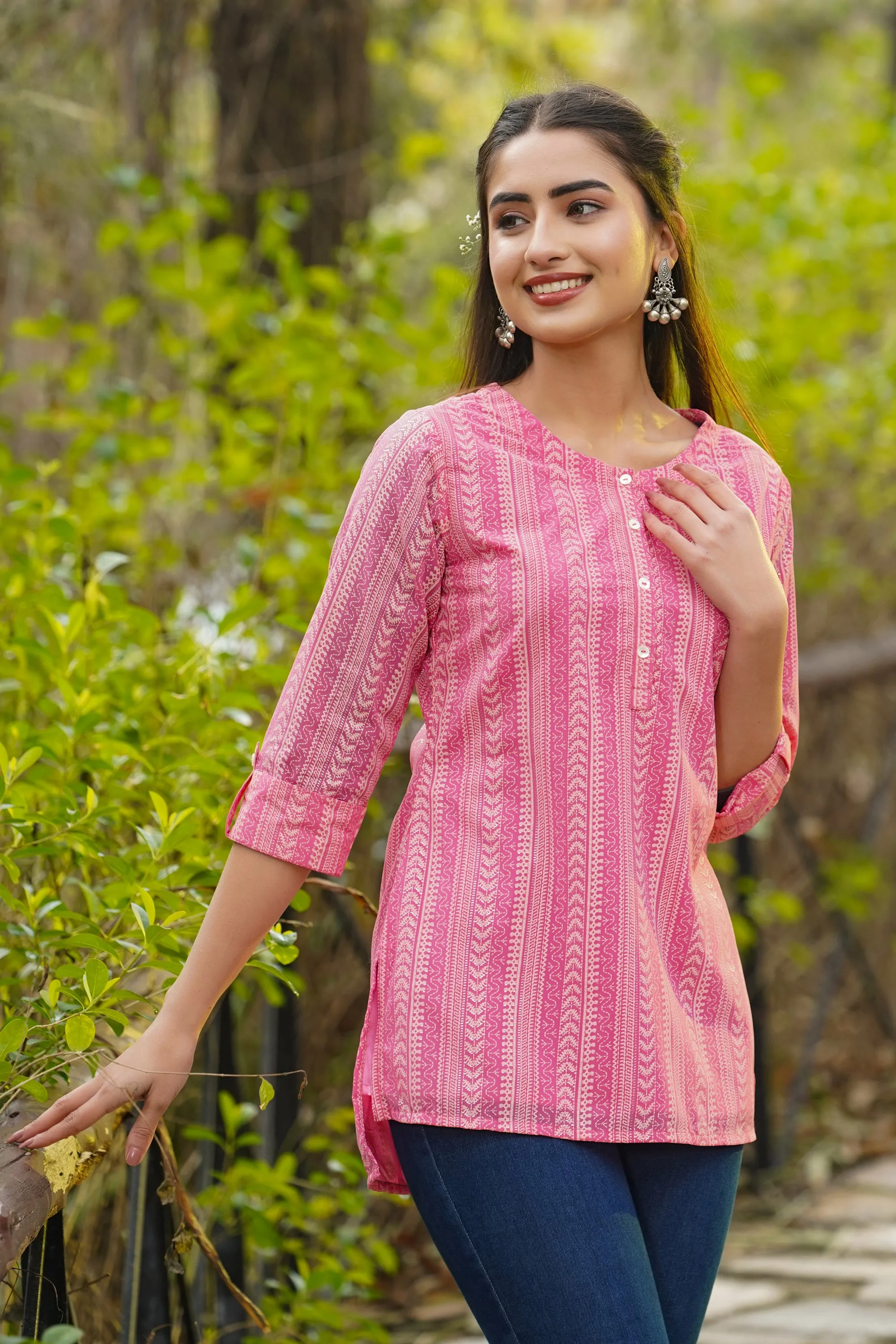 Pink Georgette Printed High-Low Tunic