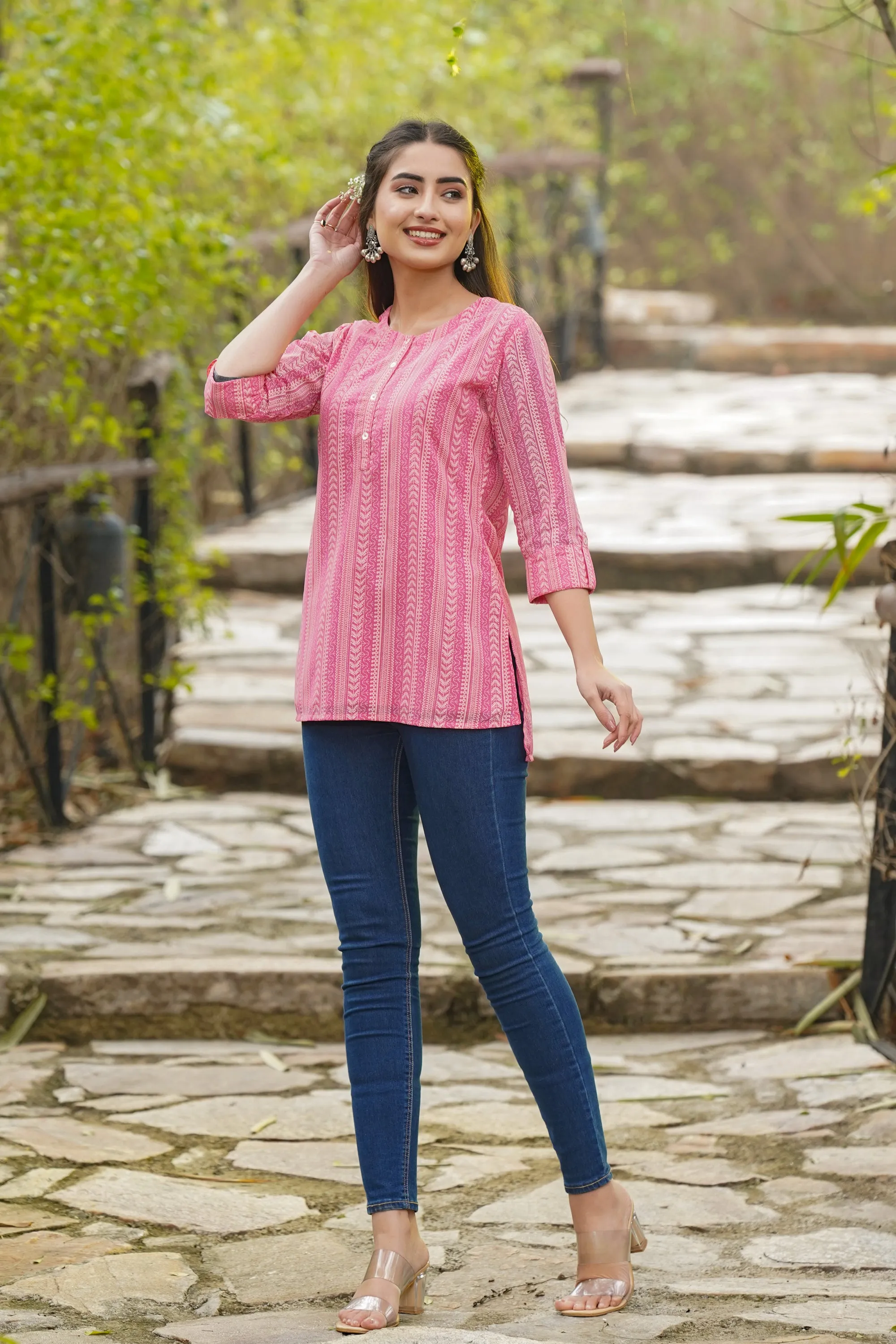 Pink Georgette Printed High-Low Tunic