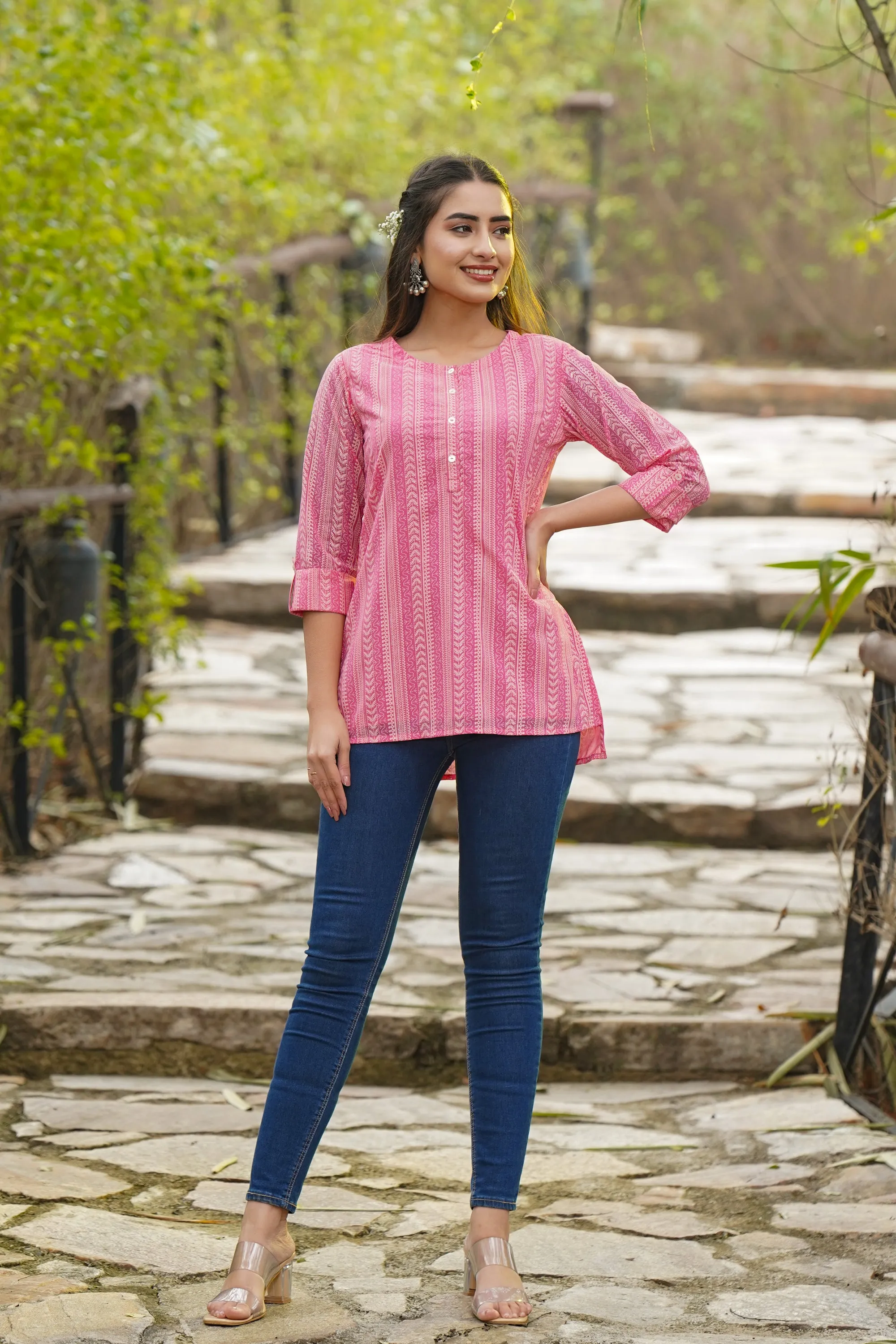 Pink Georgette Printed High-Low Tunic